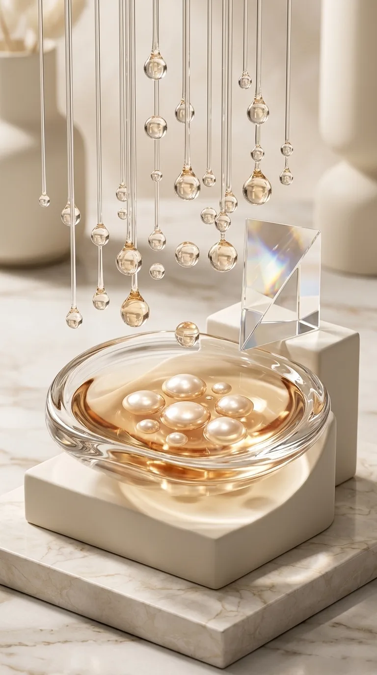 PDRN Peptide Radiance Serum atmosphere — pearls and champagne essence in optical glass